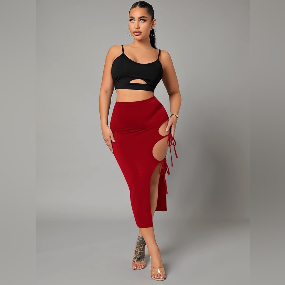 NEW SHEIN SXY Solid Tie Side Pencil Skirt, Red  - Size M